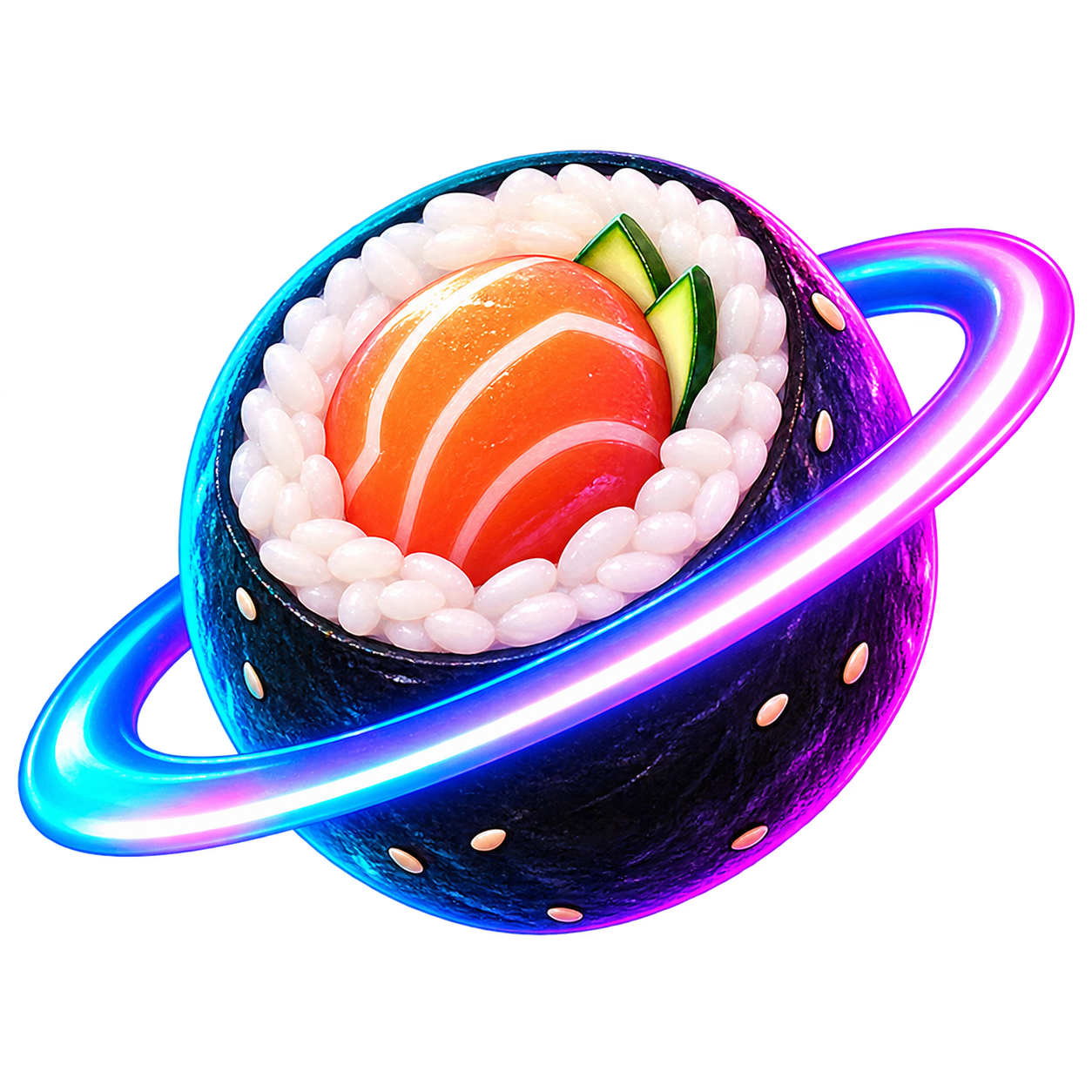 Sushirolle als Planet mit Neon-Orbit